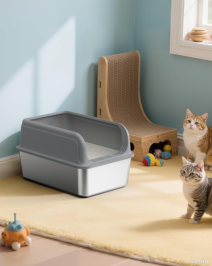Stainless Steel Cat Litter Box, Metal Litter Box with Scoop, High- Sided, Anti-Leakage Top Entry, Non-Sticky, Easy to Clean, Grey, XL (1 Pack)