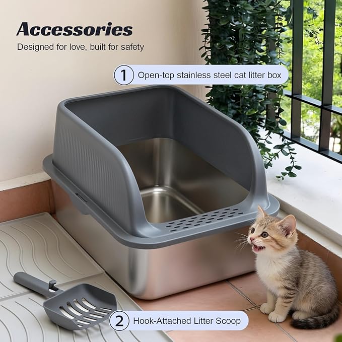 Stainless Steel Cat Litter Box with High Sided Lid, Metal Kitty Litter Box with Scoop for Small & Medium Cats, Anti-Urine Leakage, Easy to Clean,Non-Sticky,Grey