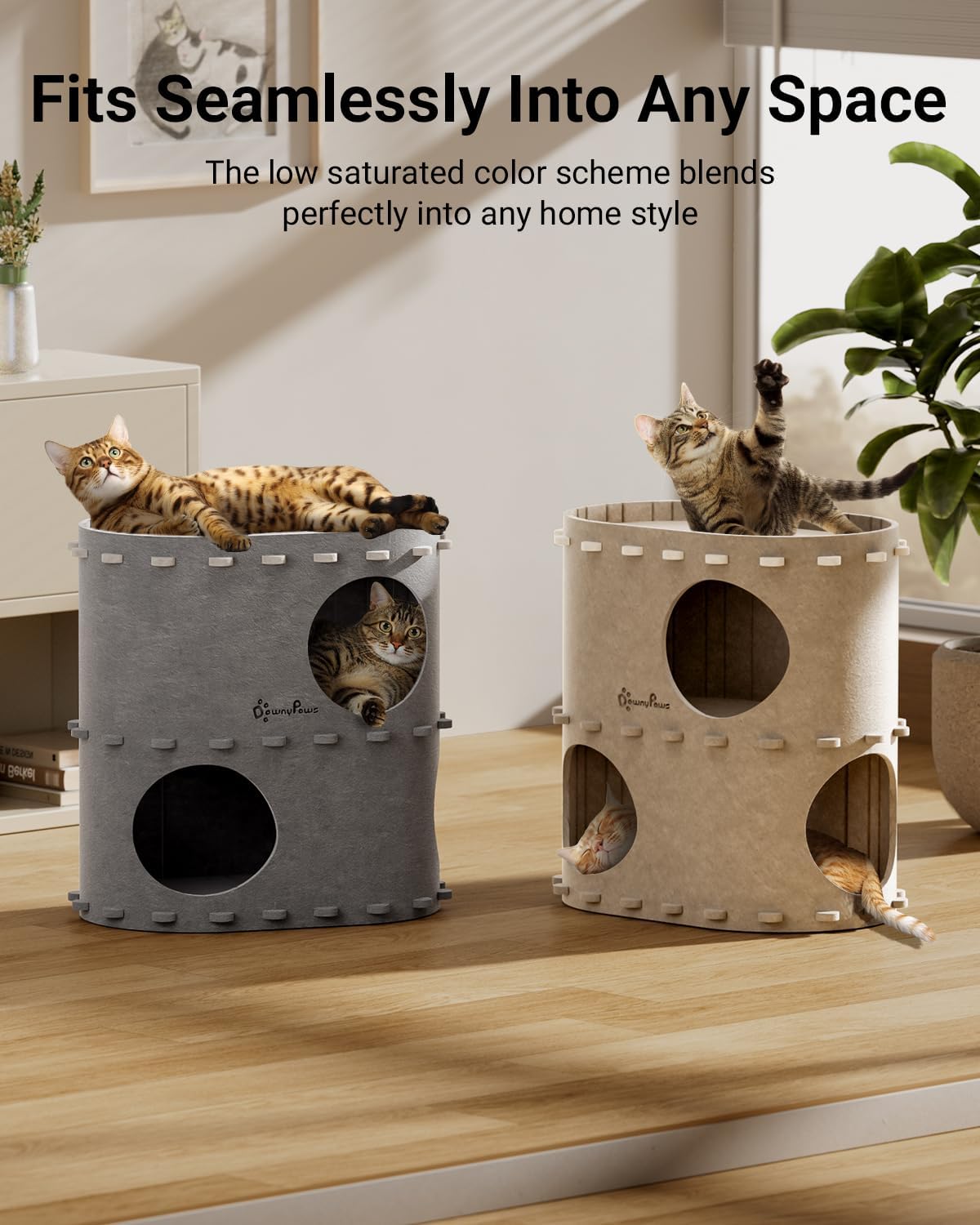 DownyPaws Cat House for Indoor Cats, 2-Storey Foldable Cat Bed Cave, Felt Cats Tunnel Bed Condo, Castle Kitten Cube Hideaway for Multicats, Scratch Resistant, Cream - Pet Explorer