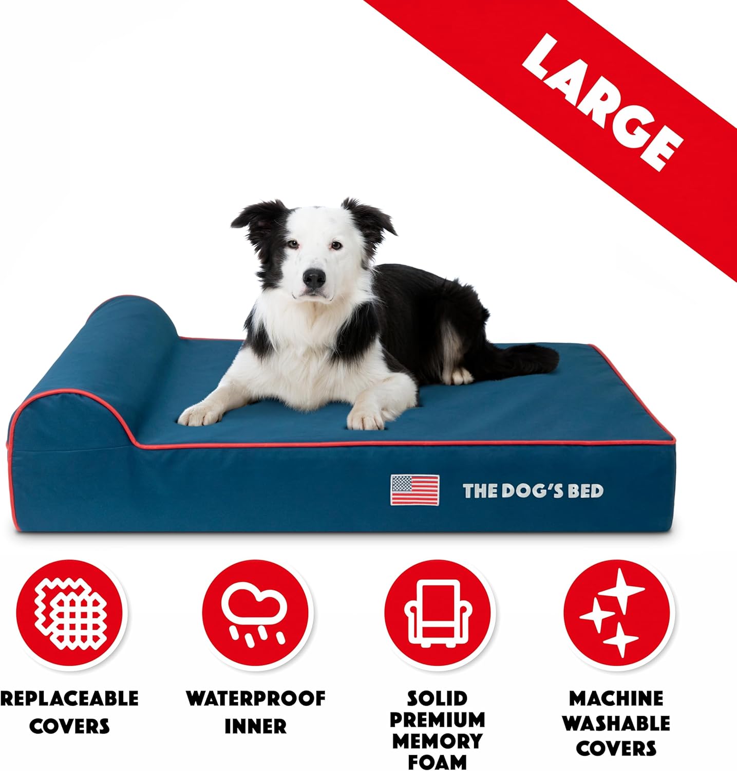The Dog’s Bed Orthopedic Headrest Dog Bed Large Blue Oxford with Red Trim US Flag Dog Bed 40x25, Memory Foam, Hip & Elbow Dysplasia, Lameness, Veterinary Approved, Waterproof Washable Cover - Pet Explorer