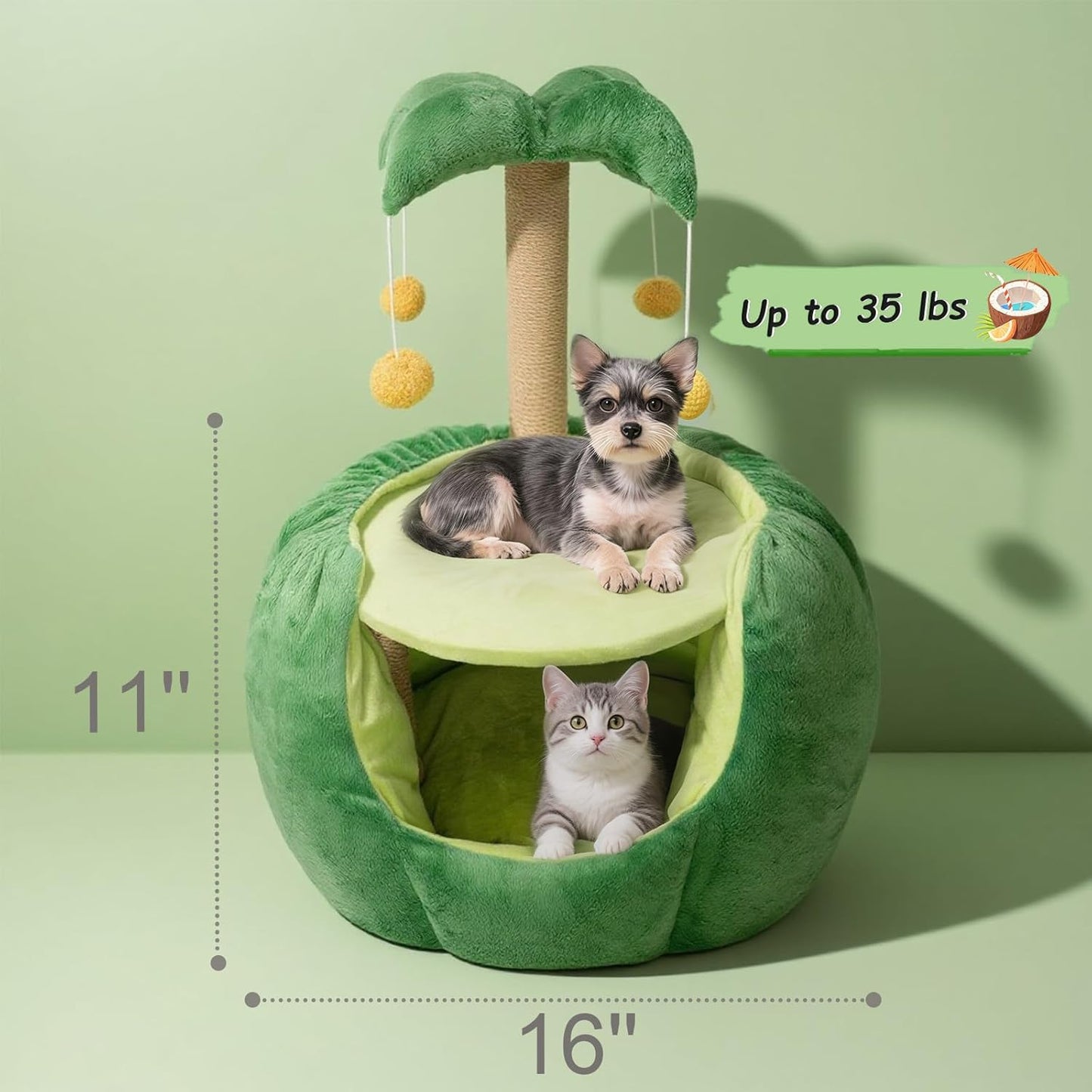 Cat Houses for Indoor Cats, Small Cat Tree with Sisal Ropes and Plush Perch, Cute Cat Bed Cave with Soft Pillow, Coconut Palm Design - Pet Explorer