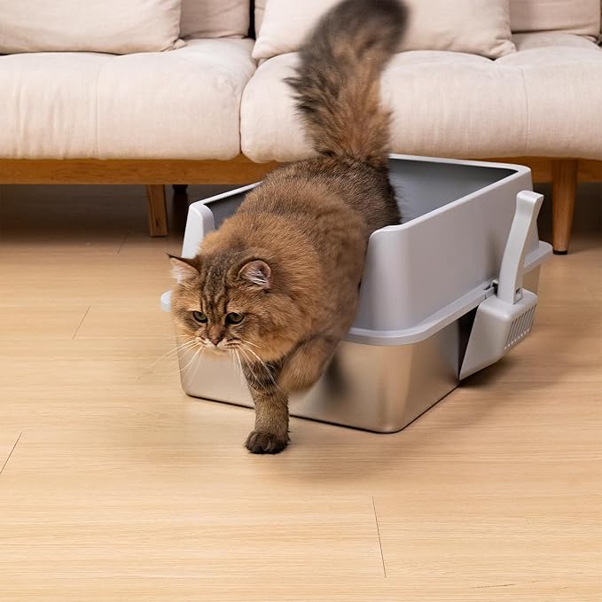 XL Stainless Steel Litter Box 2 Pack, Extra Large High Sided Metal Cat Litter Box with Lid, Scooper & Mat, Easy Clean, Non Stick & No Smell