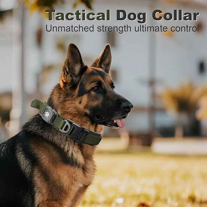 2026 Upgrade Dog Collar with IPX8 Waterproof AirTag Holder,Military Tactical Comfortable Control Handle and Ultra-Durable Metal Buckle/Night Reflective,GPS Collar for Medium to Large Dog(ArmyGreen/M)
