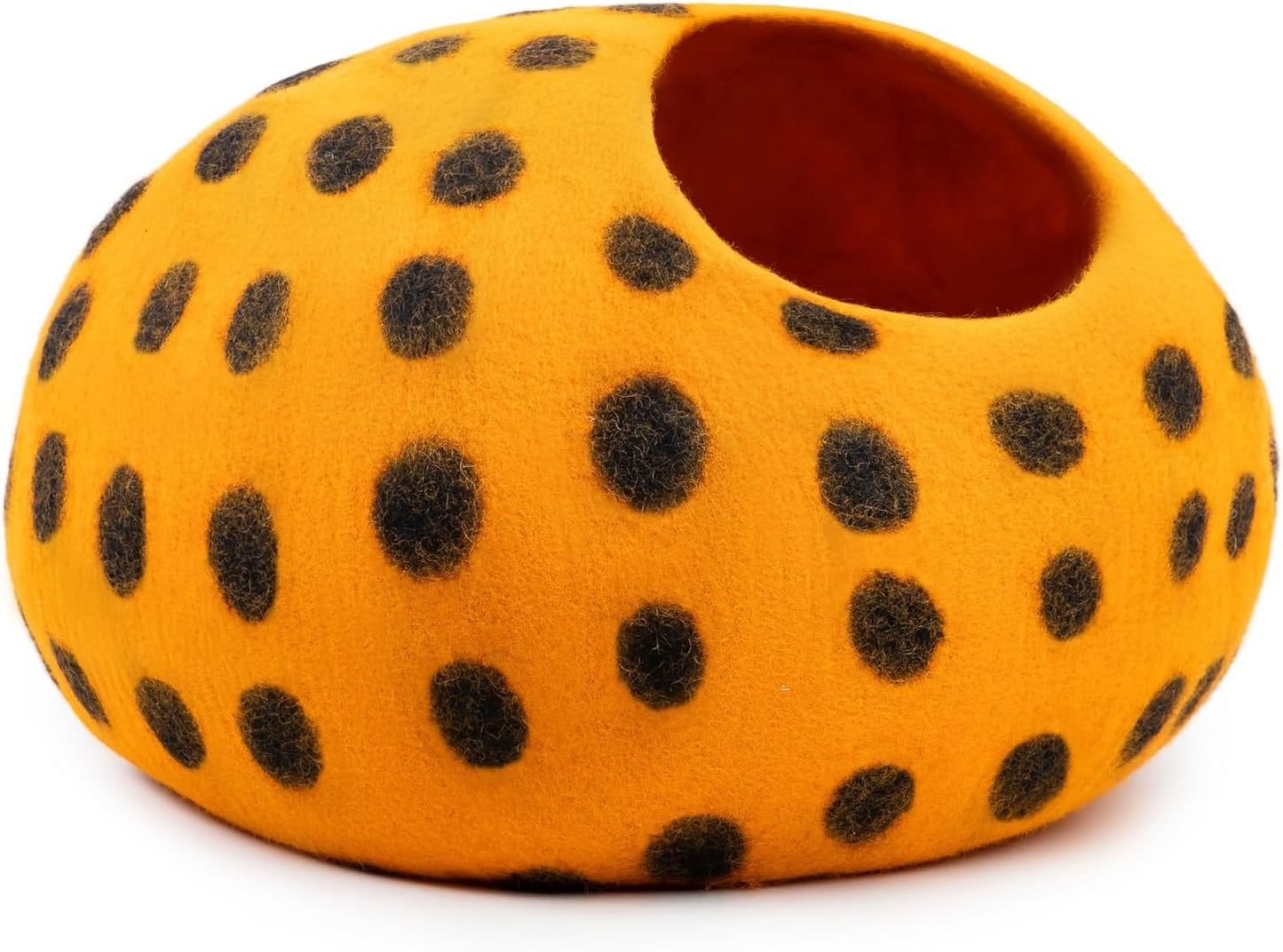 Woolygon Premium Felt Cat Cave Bed - Polka Dot Series - Wool Kitty Beds Handcrafted Kitten Caves Bed for Indoor Cats - Eco-Friendly Merino Wool, Foldable Cat Hideaway Cat Houses (Orange/Black Dots) - Pet Explorer