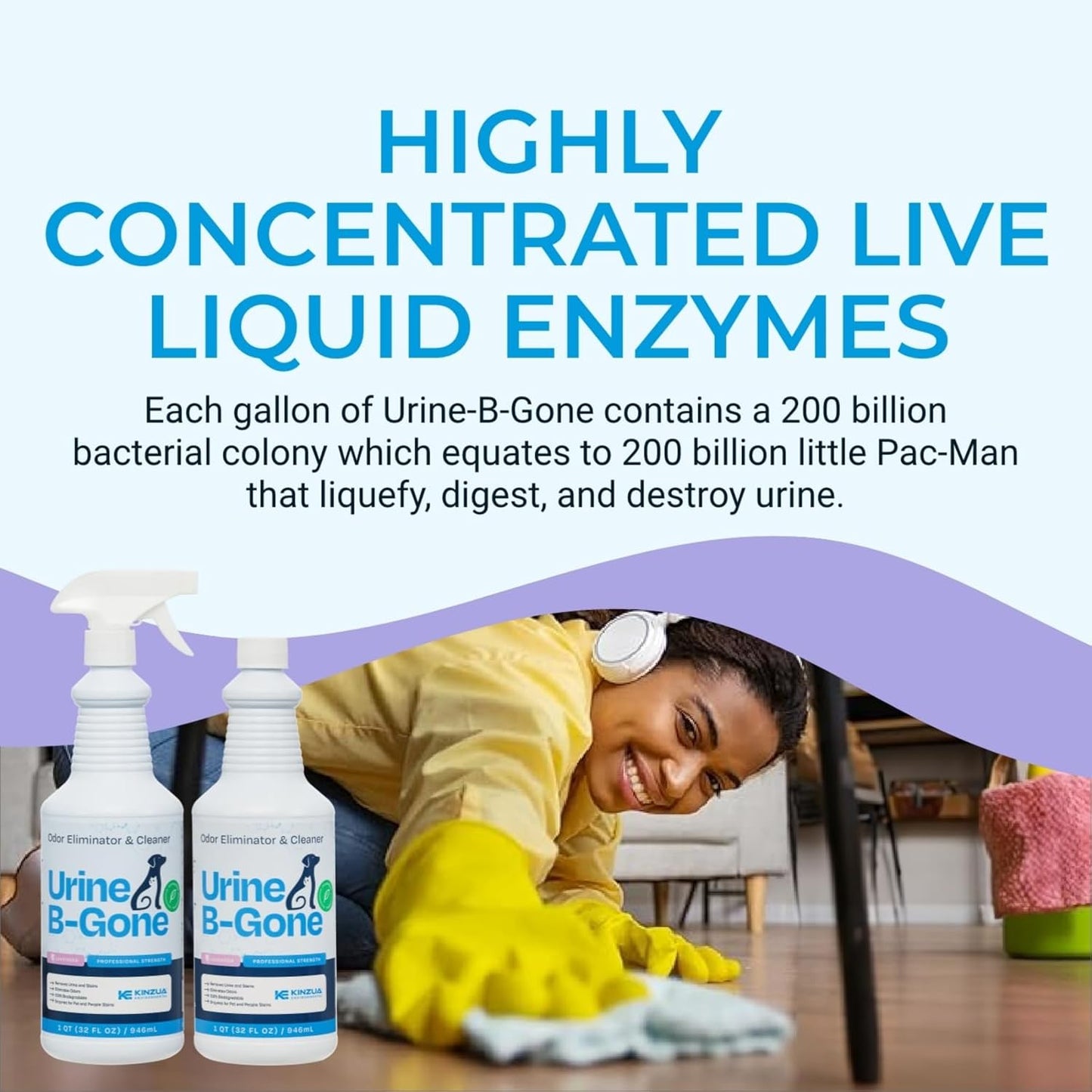 KINZUA ENVIRONMENTAL Urine B-Gone, Professional Enzyme Odor Eliminator & Pet Stain Remover, Human, Cat & Dog Urine Cleaner, Effective on Laundry, Carpets & More, Lavender Scent, 32oz, Pack of Two - Pet Explorer