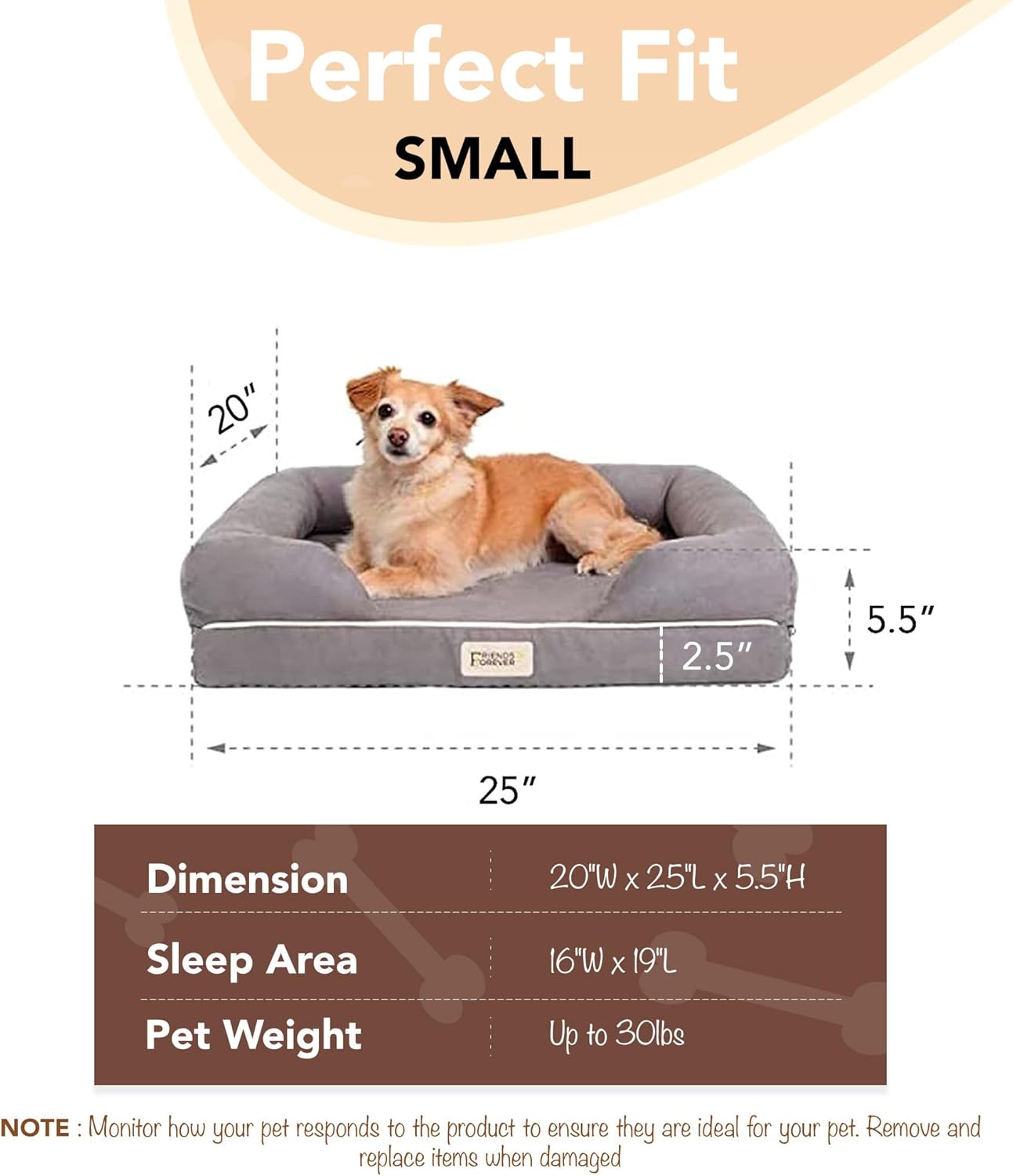 Friends Forever Orthopedic Dog Bed, Memory Foam Pet Sofa, Calming Dog Couch, Water Resistant Pet Bed, Washable Cover, Non-Slip Bottom, Chester, Grey, 25" x 20" x 5.5" - Pet Explorer