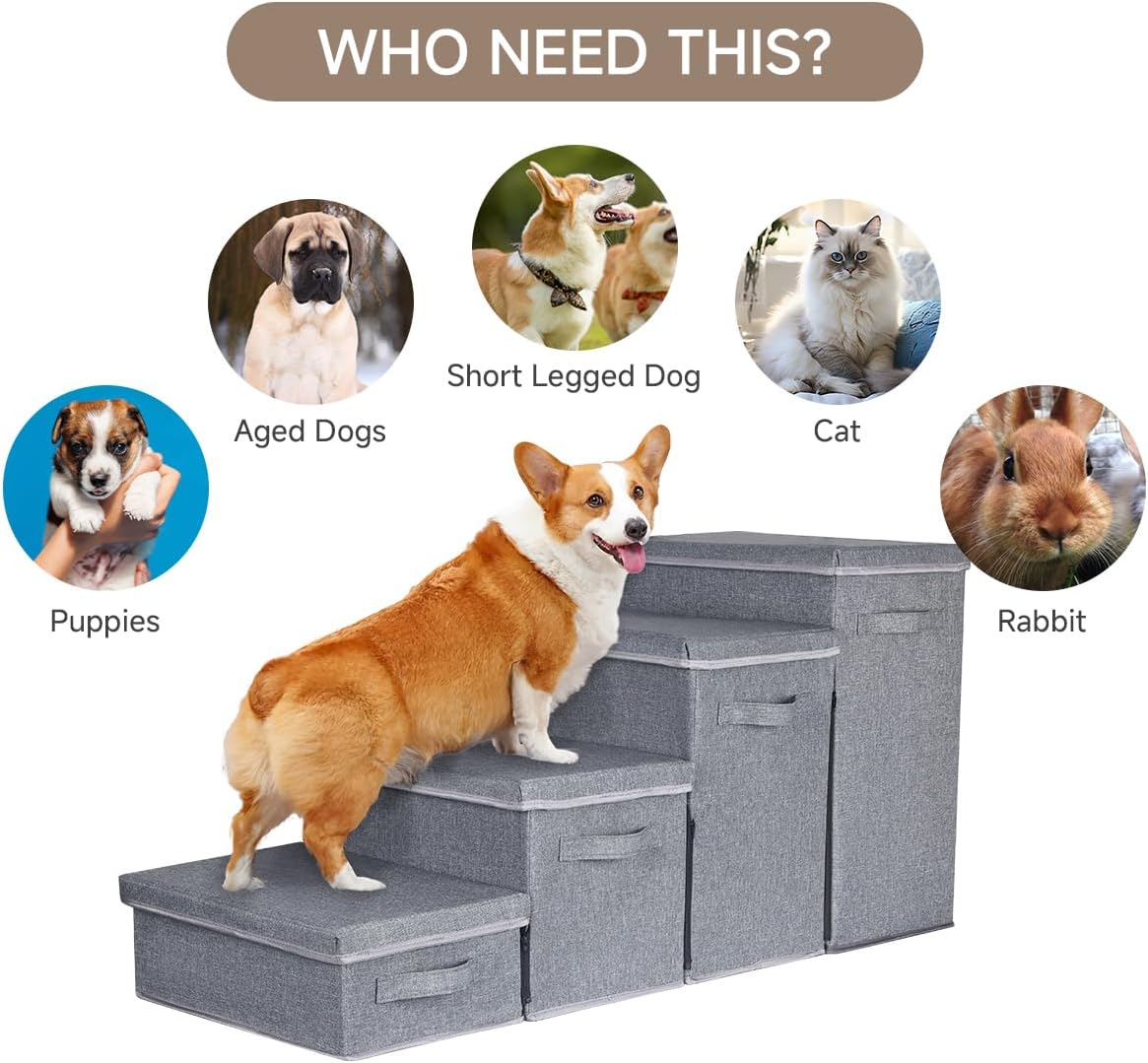 Dog Stairs with Storage, 4-Step Folding Pet Steps for Small Dogs and Cats, Pet Steps Storage with Zip, Pet Stairs for High Bed, Couch and Car Ramp (Gray, 4 Steps no Condo) - Pet Explorer