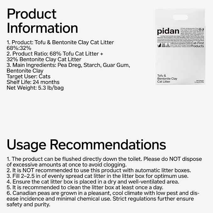 pidan Mix Cat Litter,Tofu Cat Litter with Bentonite,Absorbent and Fast Drying,Flushable Tofu Litter,Selected Quality Pea Dregs,5-Fold Water Absorption,Strong Clumping (5.3lb/Bag×1bag)