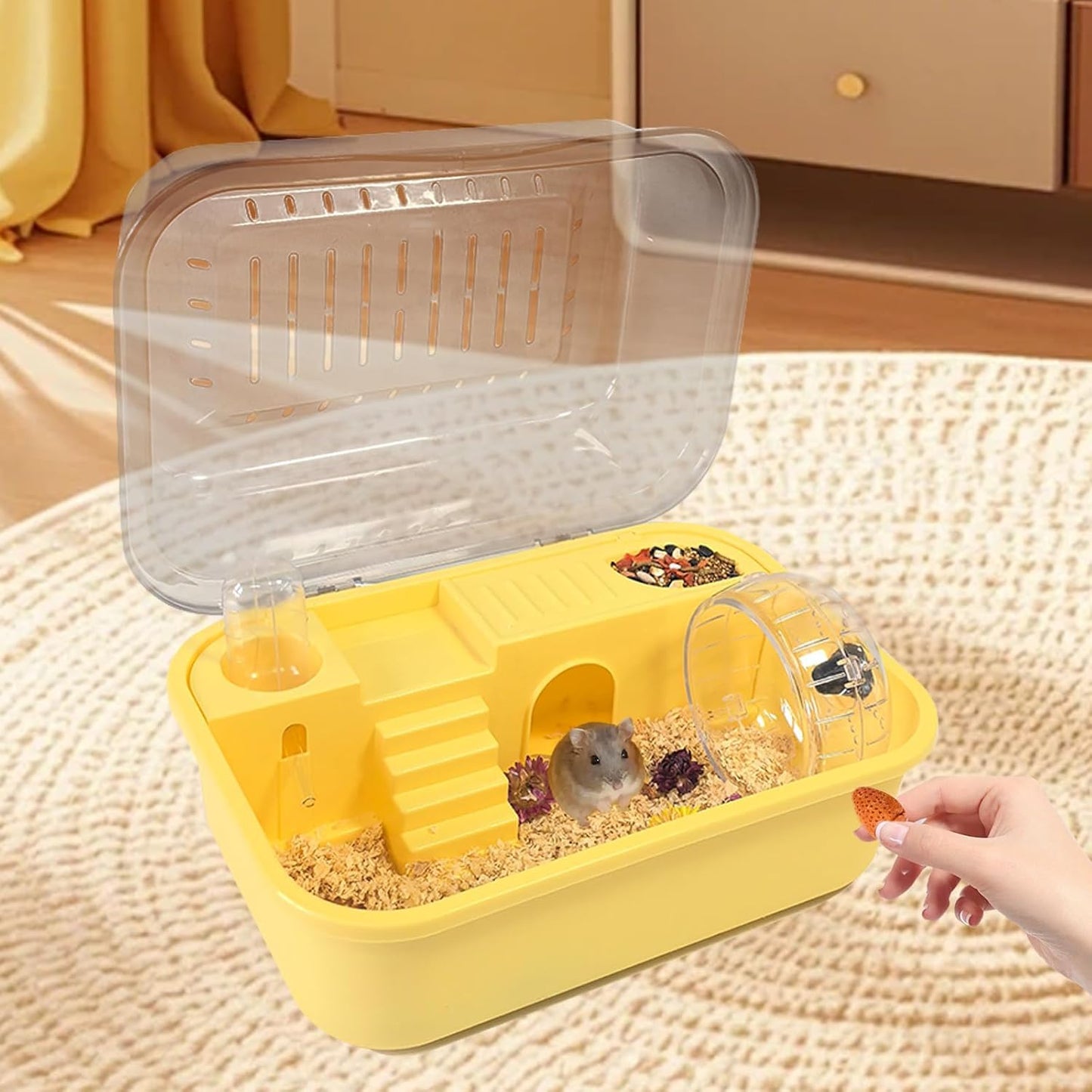 Hamiledyi Small Hamster Cage Clear Plastic Hamster Cage Portable Carrier with Water Bottle Exercise Wheel Bathtub Box Set Toy for Dwarf Baby Hamster (Yellow) - Pet Explorer