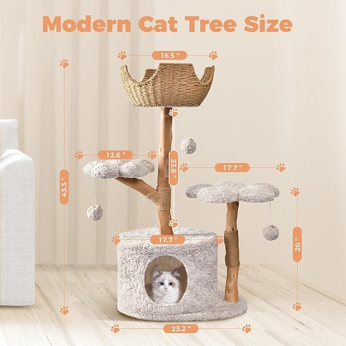 Easyego Modern Cat Tree, Aesthetic Wood Cat Tree Tower for Large Cats, Luxury Cat Condo with Scratching Posts and Flower Platforms, Cat Furniture by Easyego