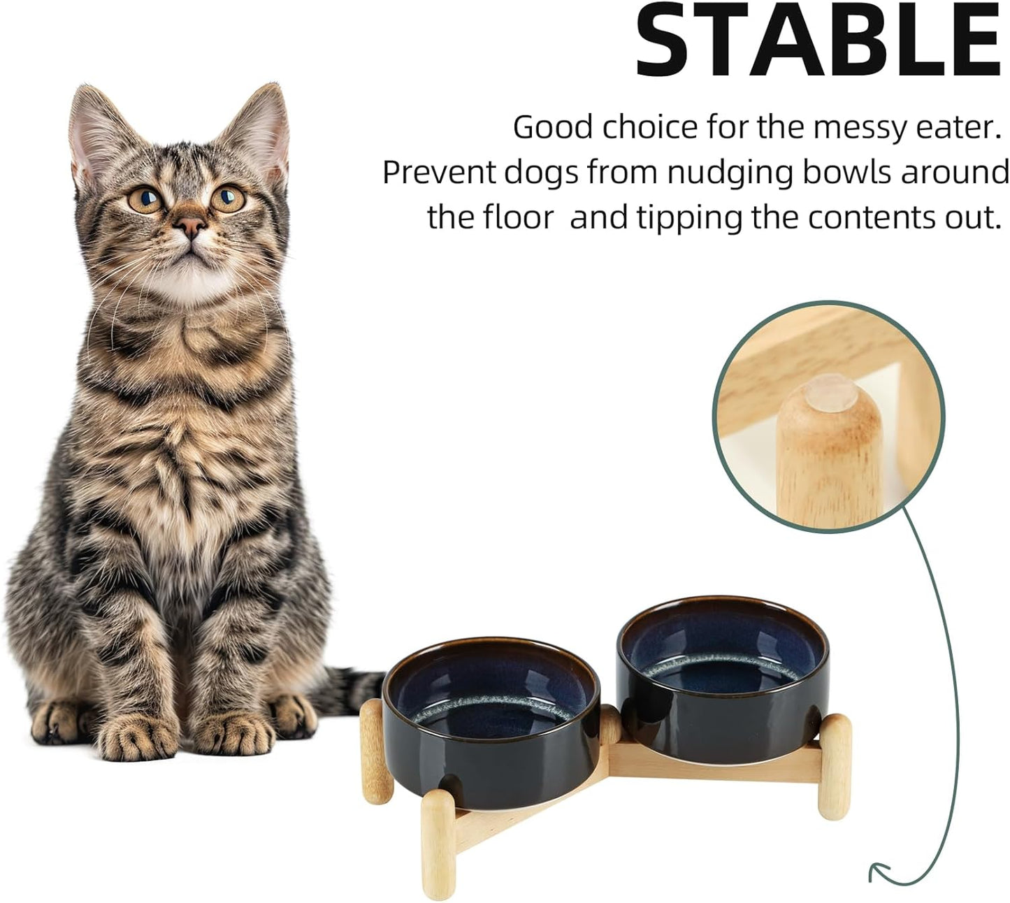 Ceramic 5.1inch Raised Double Bowls Set with Wooden Stand, Elevated Food & Water Bowls for Small Breed Dogs, Cats, Kitty, Weighted Dog Dishes, Pet Bowls(13.5oz, Starry Sky) - Pet Explorer