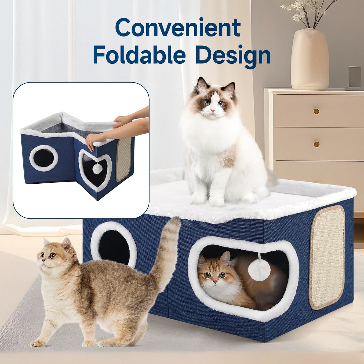 Cat Beds for Indoor Cats, Extra Wide Cat Cube House for Multi Cats, Foldable Cat Cave Hideaway with Arc-Edge Design & Oval Door, Double-Side Soft Cushion for All Seasons, 24"L x 17.7"D x 12.6"H, Blue - Pet Explorer