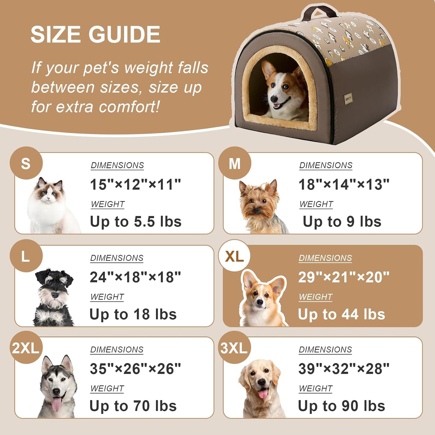 Jiupety Indoor Dog House, 2-in-1 Portable Foldable House Bed with Cover, Pet Tent & Cave Bed for Medium Dogs, XL(29"×21"×20"), Up to 44 Lb, Brown - Pet Explorer