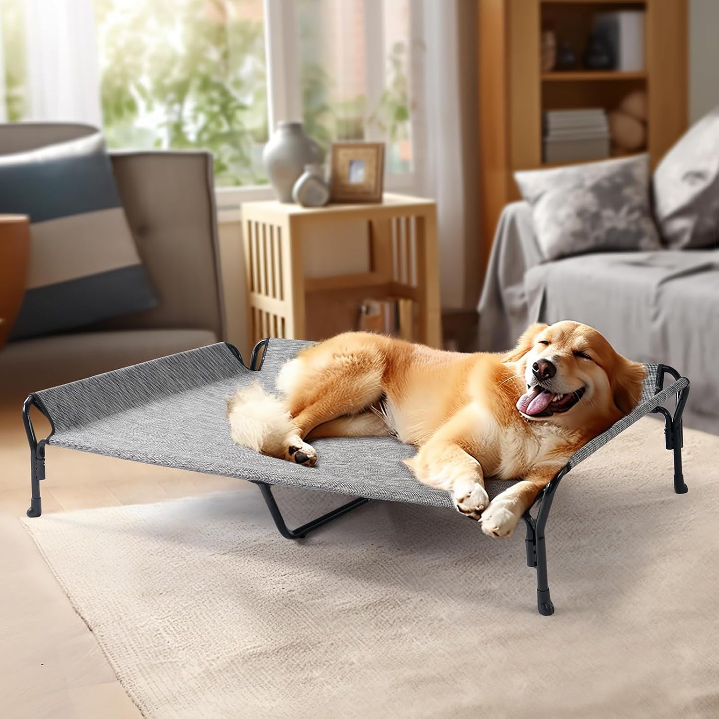 Veehoo Cooling Elevated Dog Bed, Guardrail Raised Pet Cot, Indoor & Outdoor XXL Pet Bed with Washable & Breathable Teslin Mesh, Non-Slip Feet, Dog Couch Bed, 62.5" x 37", Black Silver - Pet Explorer