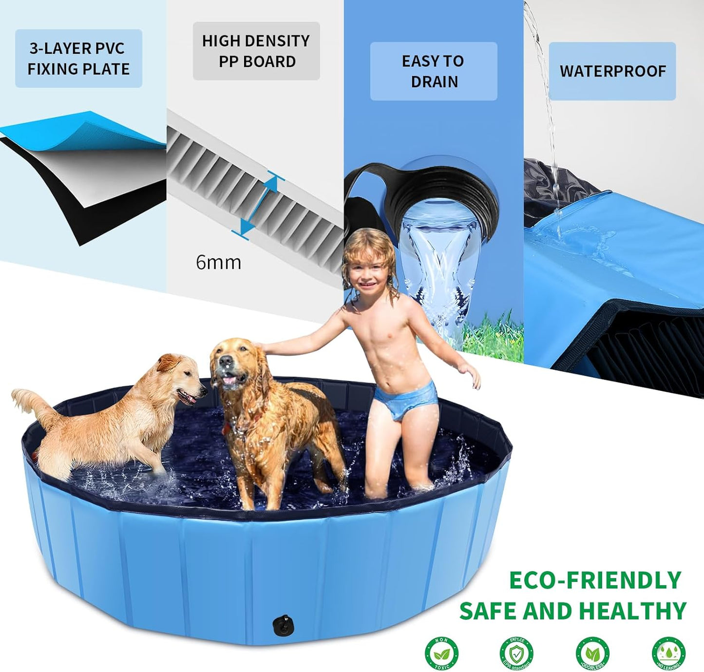Foldable Dog Pool, 71" x 12" Large Kiddie Pool with Hard Plastic, Non-Slip Dog Bath Tub for Outdoor Backyard, Collapsible Dog Swimming Pool for Kids Dogs Pets (Blue) - Pet Explorer