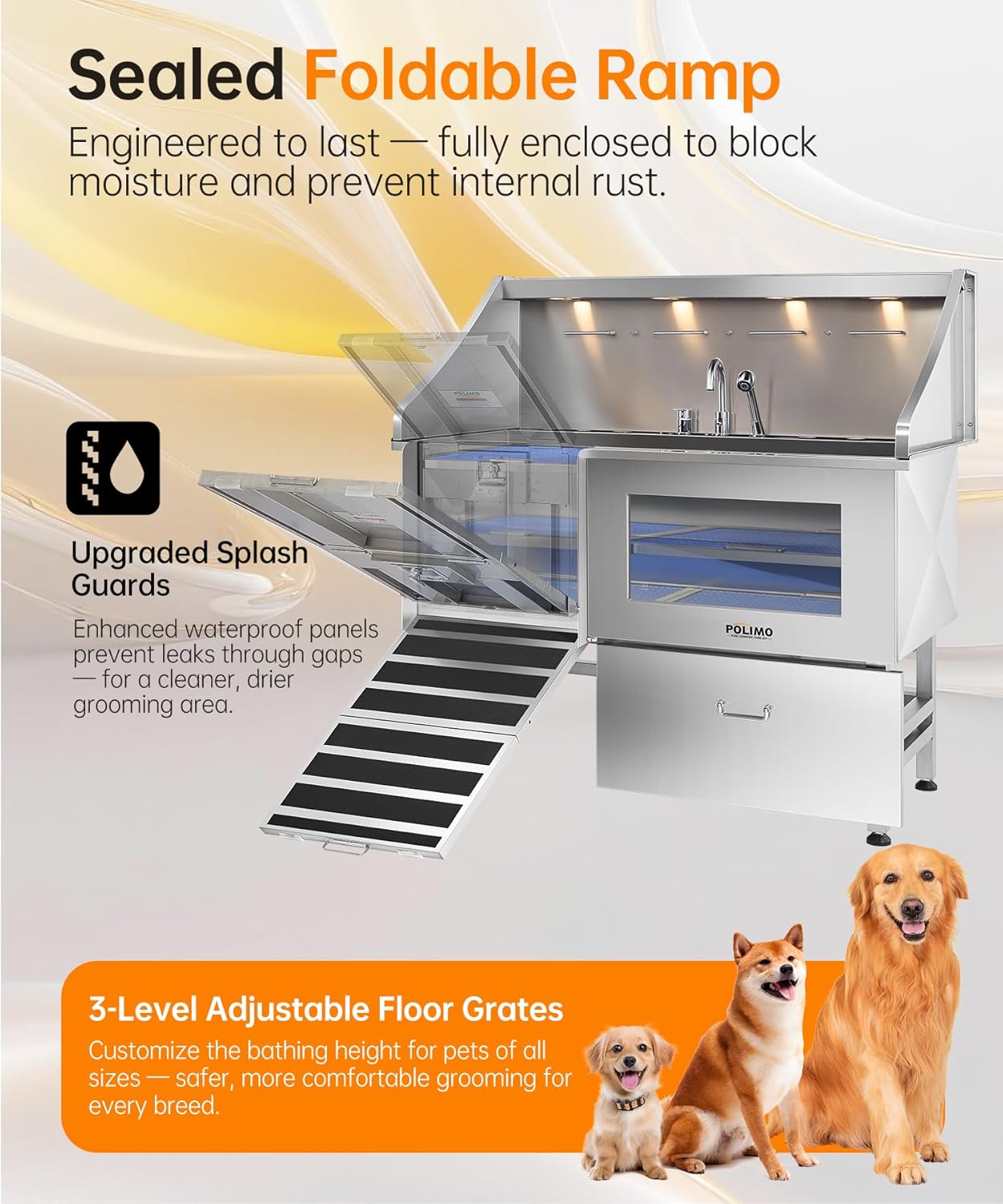 polimo Dog Washing Station, LED Professional Stainless Steel Dog Bathing Station 61", Dog Grooming Tub for Large, Medium & Small Dog - with Window, Ramp, Drawer, Floor Grate & Faucet (Left RAMP, 61") - Pet Explorer