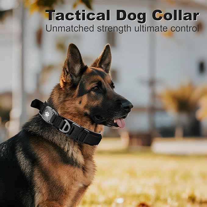 2026 Upgrade Dog Collar with IPX8 Waterproof AirTag Holder,Military Tactical Comfortable Control Handle and Ultra-Durable Metal Buckle/Night Reflective,GPS Collar for Medium to Large Dogs(Black/M)