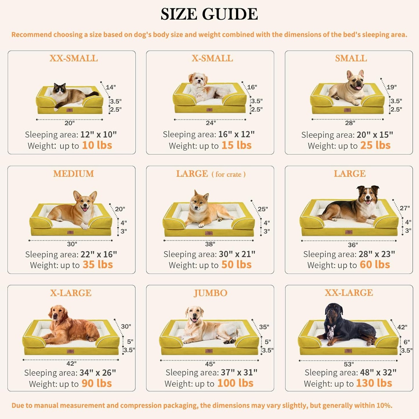 Comfort Expression XXL Dog Bed Orthopedic Foam, Waterproof Dog Beds for Oversized Dogs, Washable Dogs Sofa Bed with Removable Cover & Non-Slip Bottom(XX-Large,Spicy Mustard) - Pet Explorer