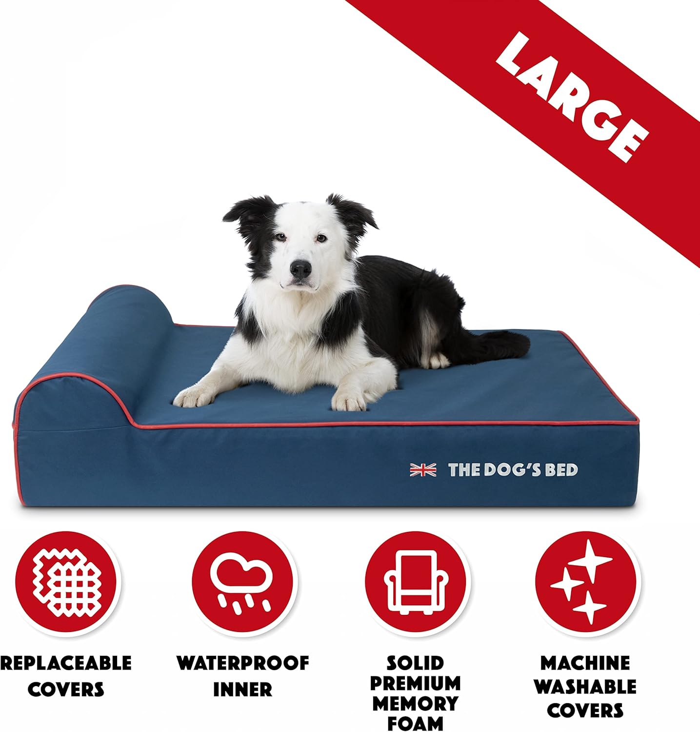 The Dog’s Bed Orthopedic Headrest Dog Bed Large Blue Oxford with Red Trim UK Flag Dog Bed 40x25, Memory Foam, Hip & Elbow Dysplasia, Post Surgery Veterinary Approved, Waterproof Washable Cover - Pet Explorer