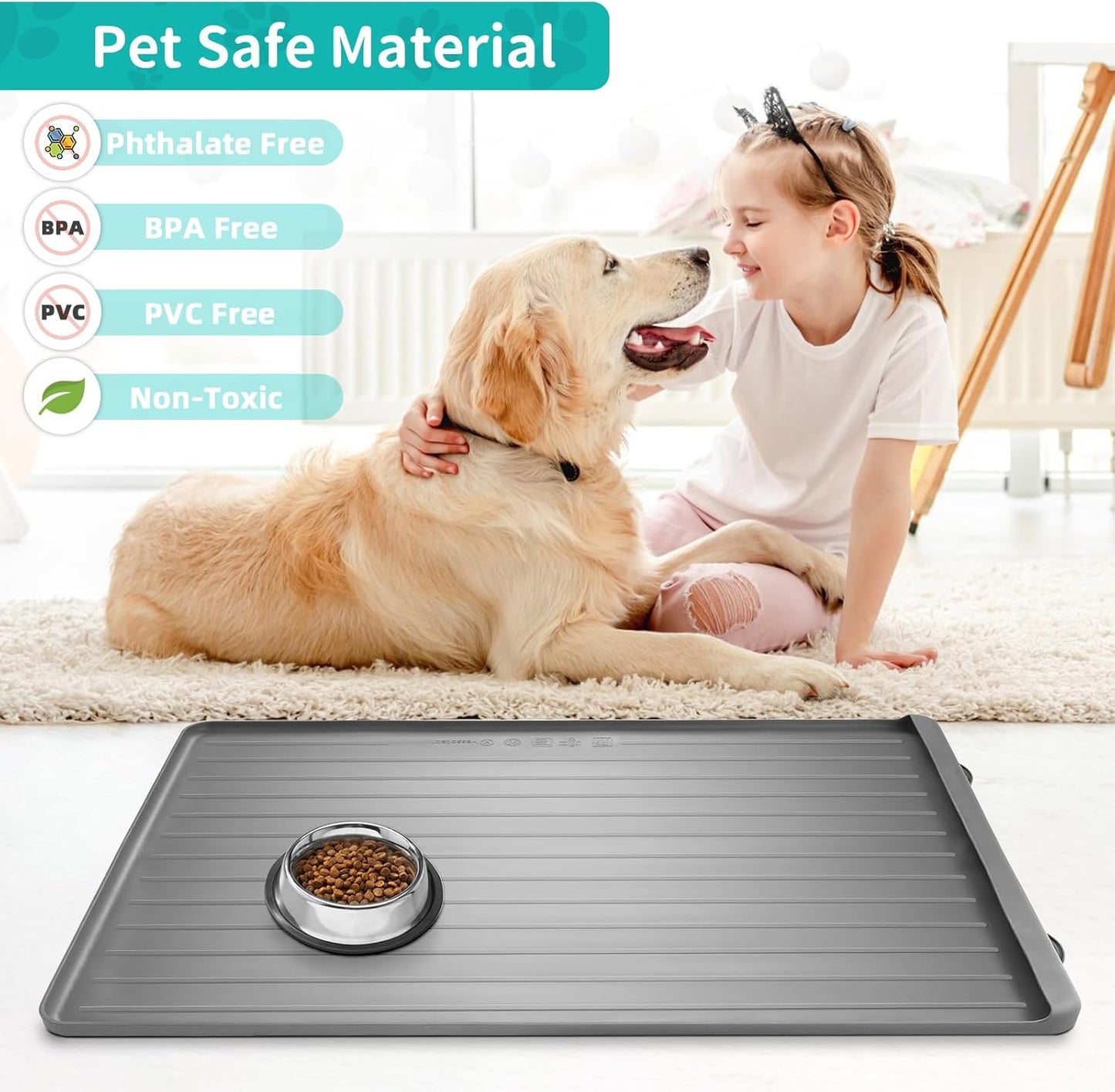 Dog Mat for Food and Water - 39.4" x 27" Large Pet Feeding Mats with Residue Collection Pocket - Waterproof Dog Cat Bowl Mat with High Edges to Prevent Water and Food Spills (Light Grey) - Pet Explorer