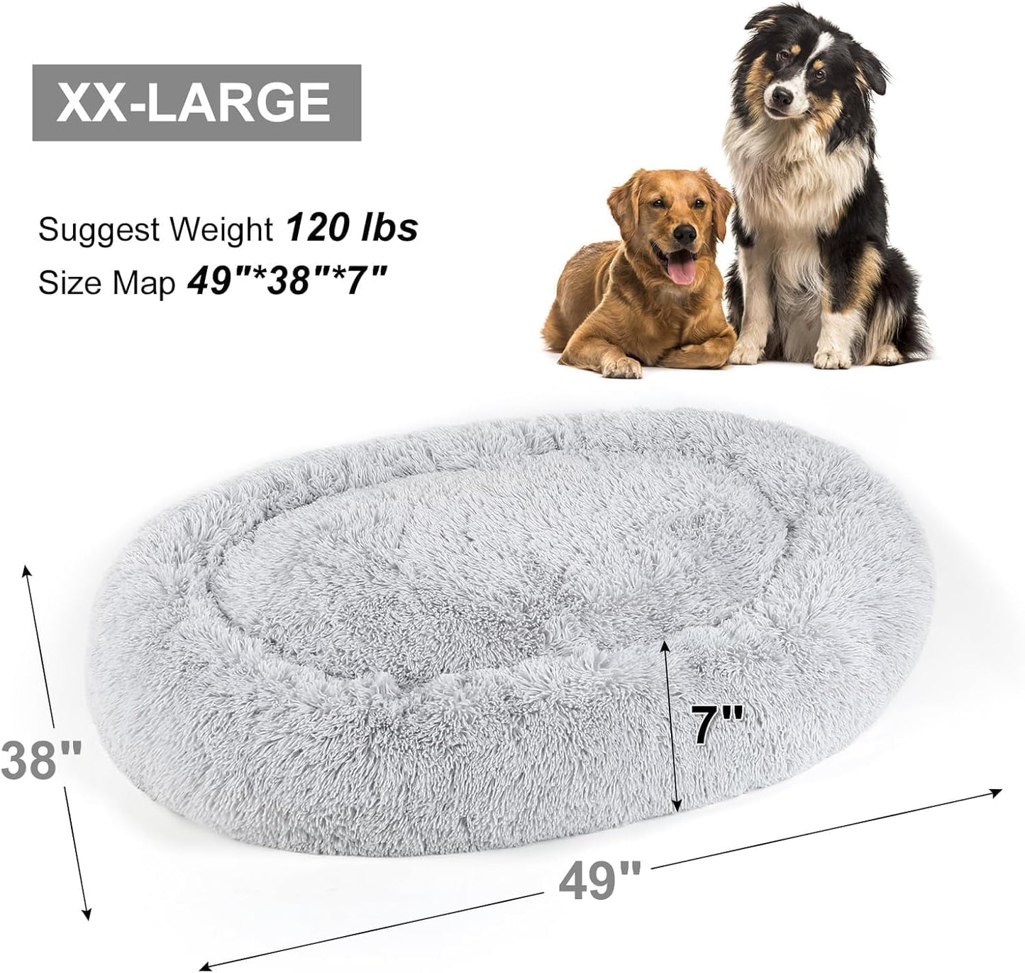 Dog Bed, Cat Calming Bed, Faux Fur Pillow Pet Donut Cuddler Round Plush Bed for Large Medium Small Dogs and Cats (Light Grey, 49.0" L x 38.0" W x 7.0" Th) - Pet Explorer