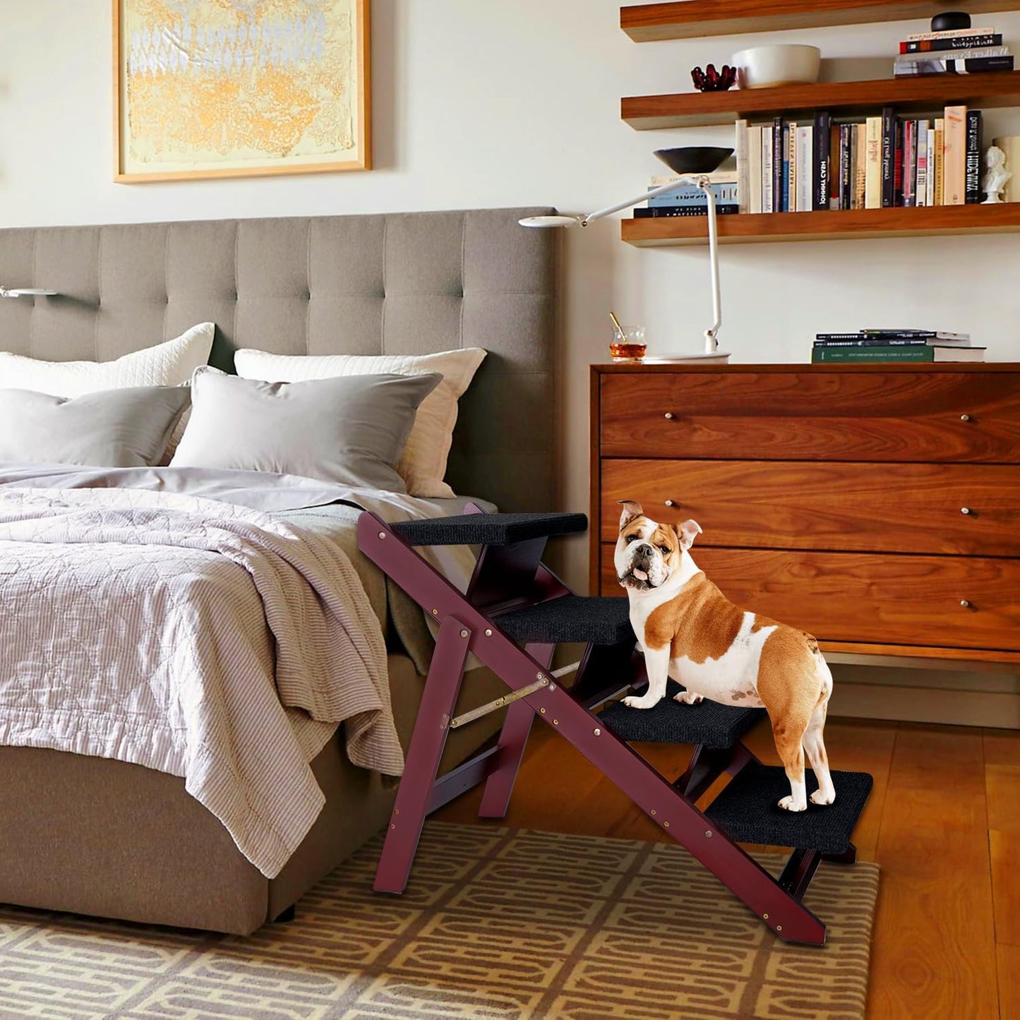 BRIKY Wooden Dog Stairs/Steps - Foldable 4 Steps Dog Steps for High Bed Couch Cars, Non-Slip Pet Stairs for Small Large Medium Dogs and Cats, No Assembly Required - Pet Explorer
