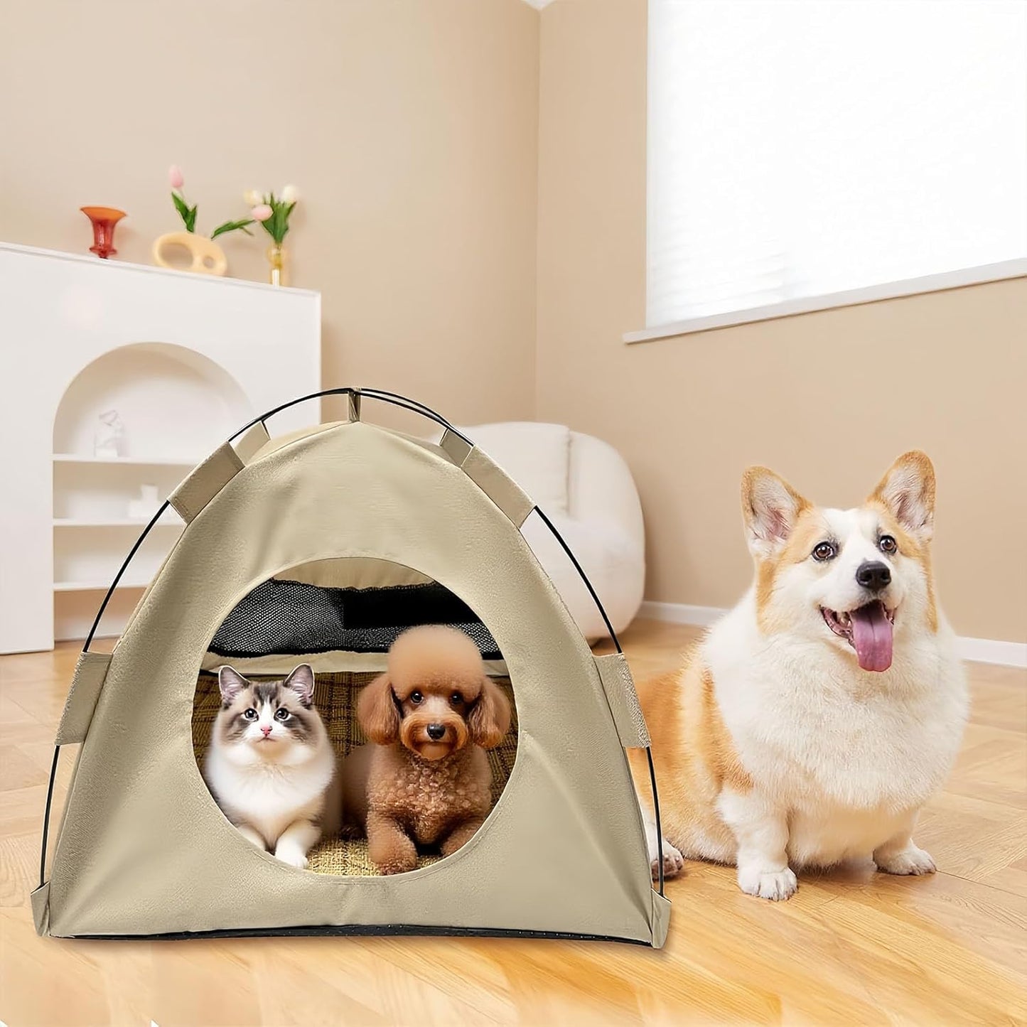 BreezyDen Pop-Up Pet Tent – Portable Hideaway for Cats & Small Dogs, Portable Indoor/Outdoor Pet Tent House with Mesh Window, Waterproof, Breathable, Scratch-Resistant, Fully Washable (Brown,L) - Pet Explorer