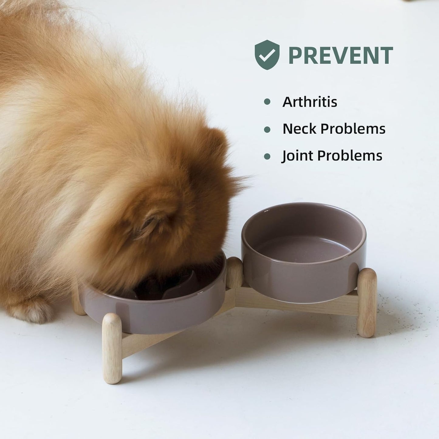 Ceramic Raised Slow Feeder Dog Bowl Set, Elevated 5.1inch Bowl and 6.1inch Puzzle Slow Pet Food Dish with Wooden Stand for Small Dog and Cat, Anti-Gulping (2X Brown Coffee+ Stand) - Pet Explorer