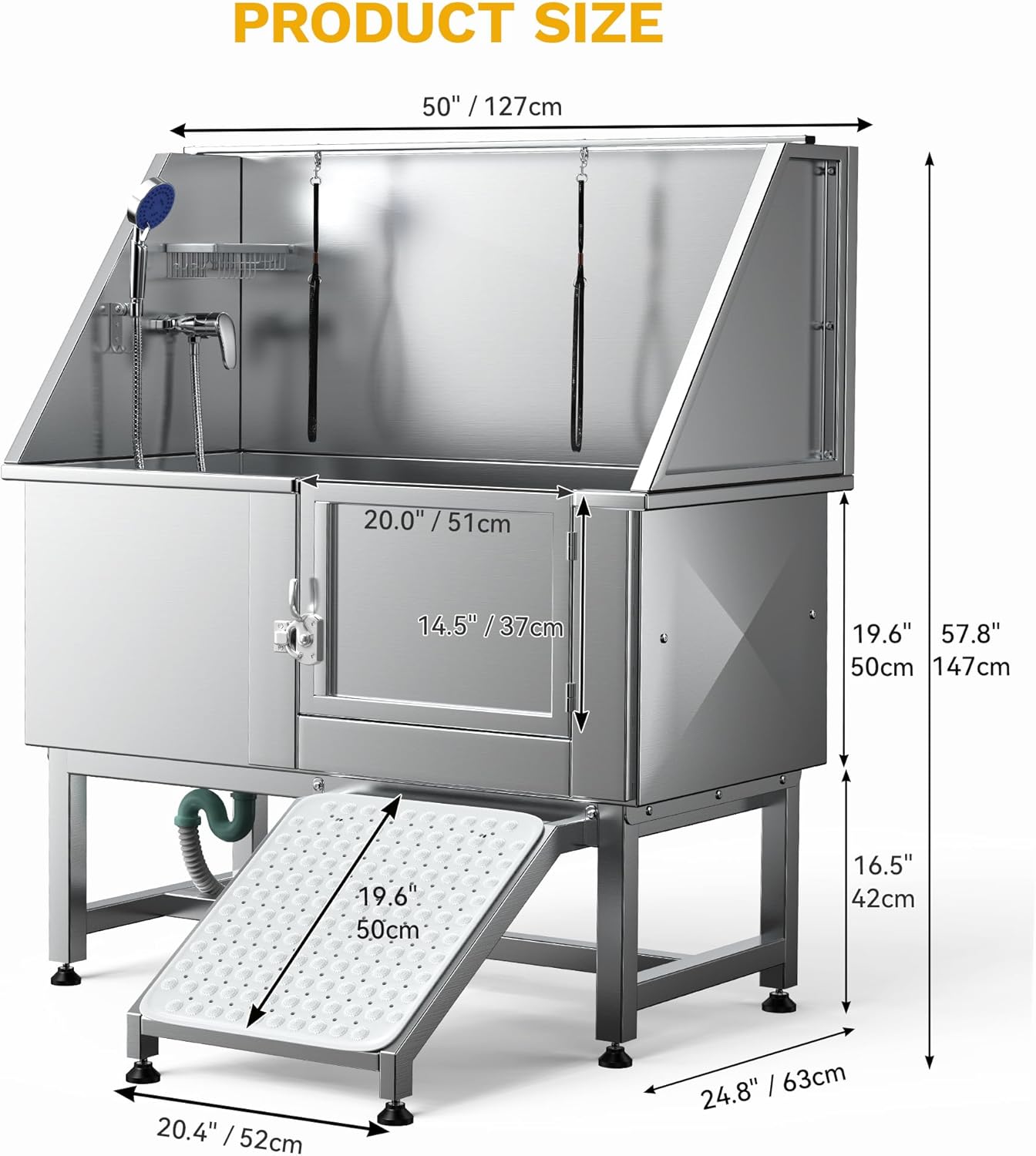 DWVO Professional Pet Dog Bathing Station for Grooming, 50'' Dog Grooming Bathtub with Right Ramp, Floor Grate, Faucet, Showerhead & Soap Holder for Large, Medium & Small Pets - Pet Explorer