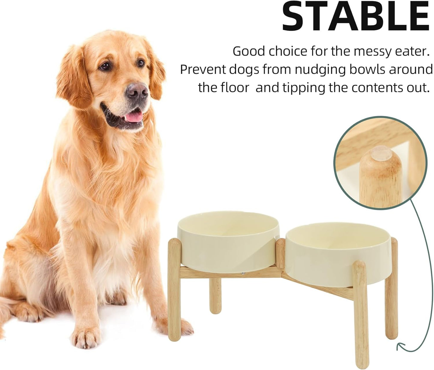 Ceramic 8.2inch Raised Dog Bowl with Stand for Large- Breed Dogs, Pet Food and Water Feeder (Double Bowl with Stand - Beige) - Pet Explorer