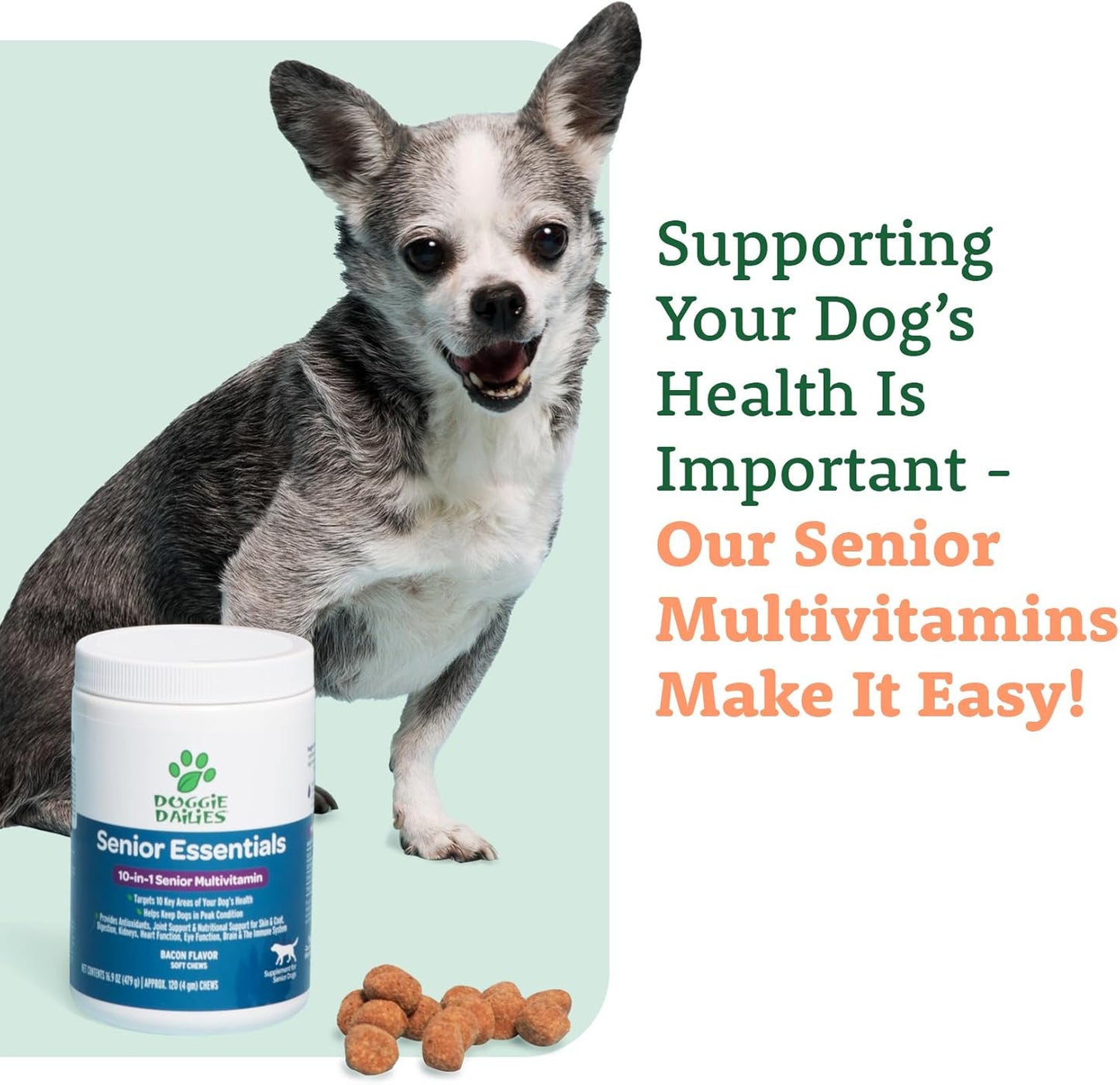 Doggie Dailies Senior Essentials Multivitamin for Dogs Soft Chews | Advanced Dog Multivitamin | Nutritional Support for Joints, Skin & Coat, Digestion, and the Immune System | Bacon Flavor | 120 Count - Pet Explorer