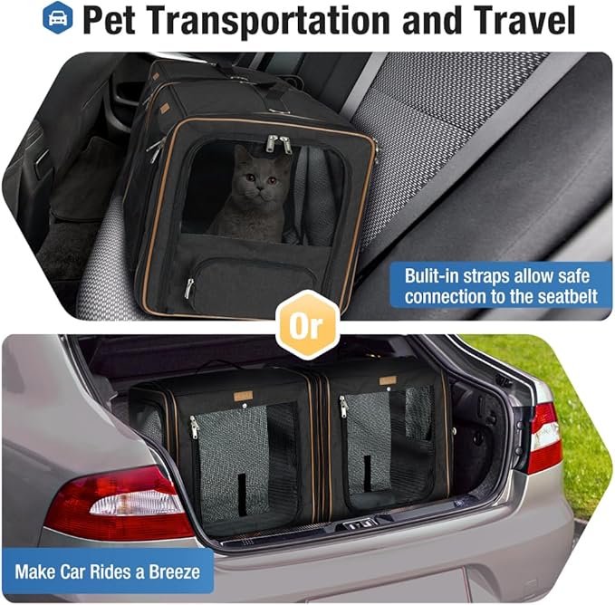 Lekereise Large Cat Carrier for 2 Cats, 2-in-1 Cat Travel Carrier with Litter Box, (17.7" x2) x16.5"x13" Pet Carrier with Zipper Locks for Moving Across The Country (No Hammock) - Black