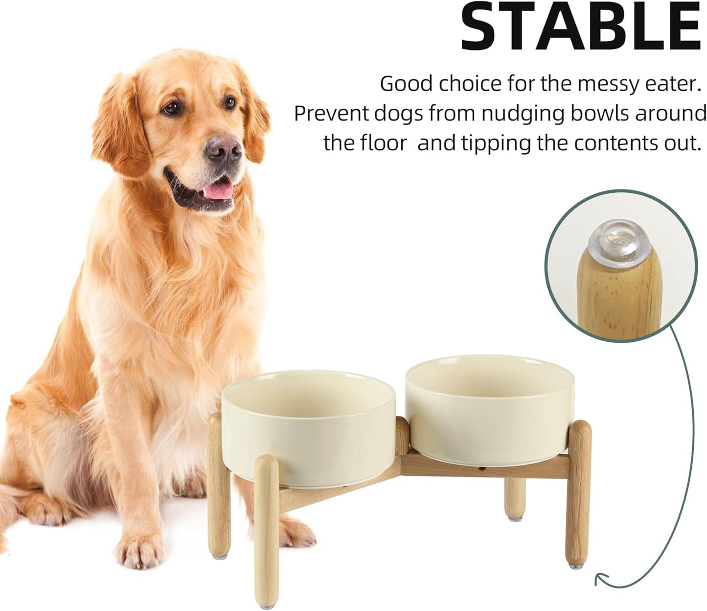 Ceramic 7.3inch Raised Double Bowls Set with Wooden Stand, Food & Water Bowls for Medium Breed Dogs, Weighted Dog Dishes, Pet Feeder(Beige) - Pet Explorer