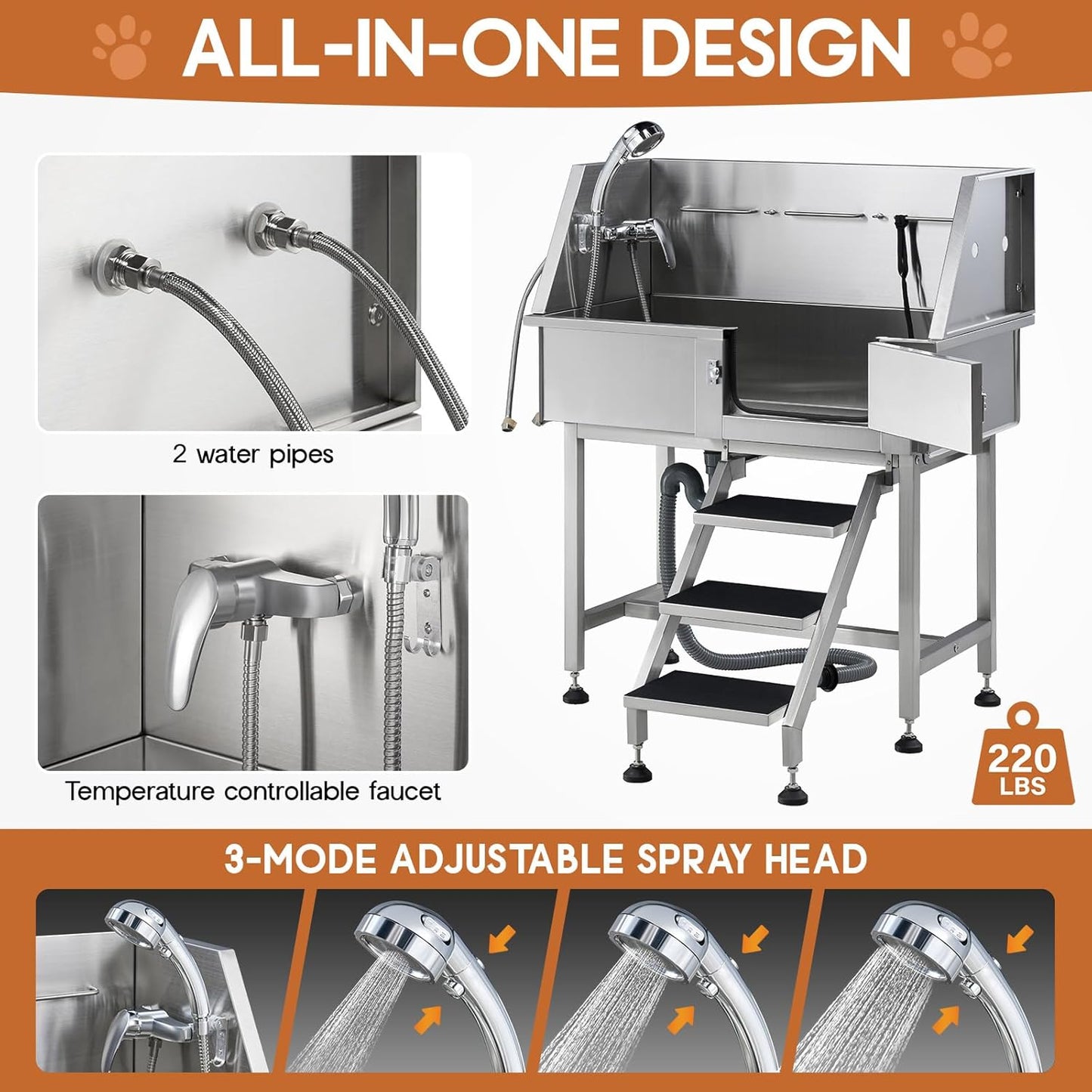 Albott 34 Inch Stainless Steel Dog Washing Station with Non-Slip Steps, Sprayer, Faucet, Tow Rope – Professional Pet Bathtub for Small Dogs, Great for Home, Garage, Salon (Left Door) - Pet Explorer