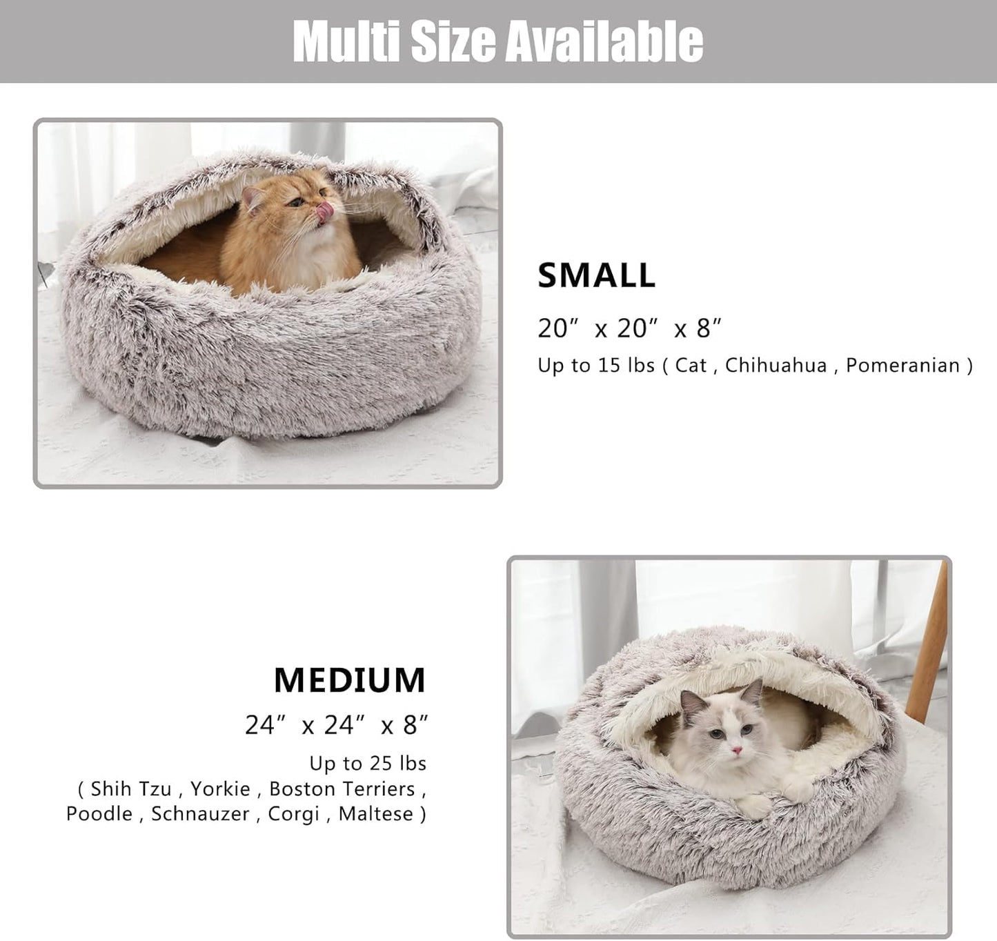 Calming Dog Beds & Cat Cave Bed with Hooded Cover,Removable Washable Round Beds for Small Medium Pets,Anti-Slip Faux Fur Fluffy Coved Bed for Improved Sleep,Fits up to 15/25 lbs (Small,20"x20") - Pet Explorer