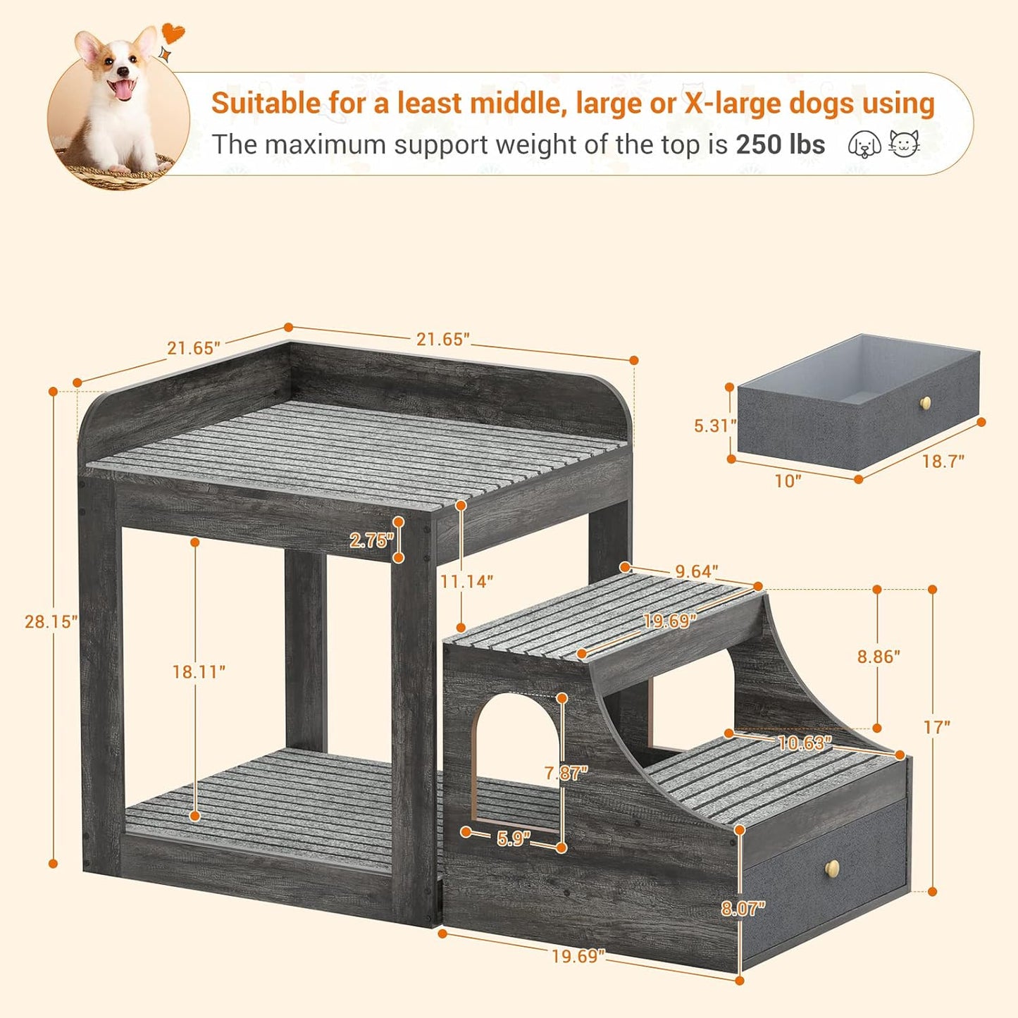 Cyclysio Super Large Multi-Level Pet Bunk Bed with Stairs, Mats, Drawers for Indoor Use, Grey - Pet Explorer