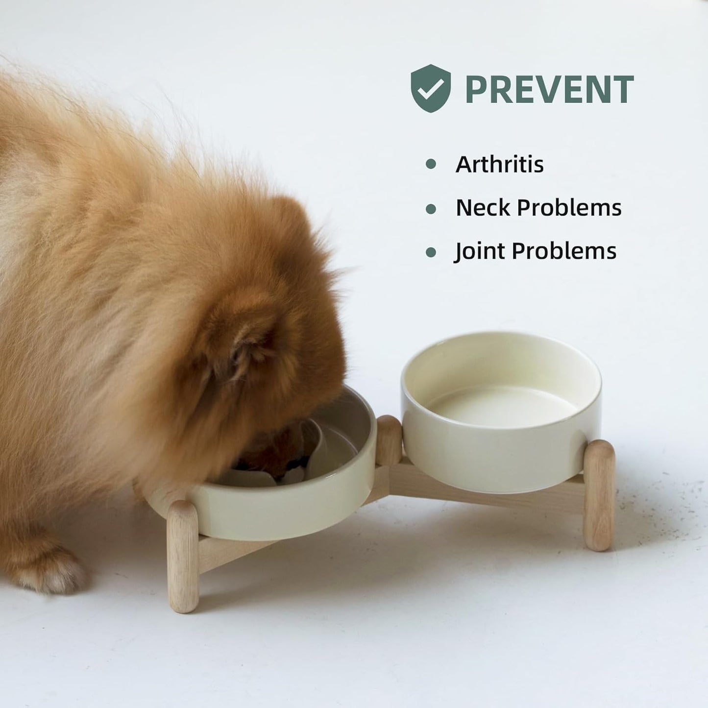 Ceramic Raised Slow Feeder Dog Bowl Set, Elevated 5.1inch Water Bowl and 6.1inch Puzzle Slow Pet Food Dish with Wooden Stand for Small Dog and Cat, Anti-Gulping (2X Beige+ Stand) - Pet Explorer
