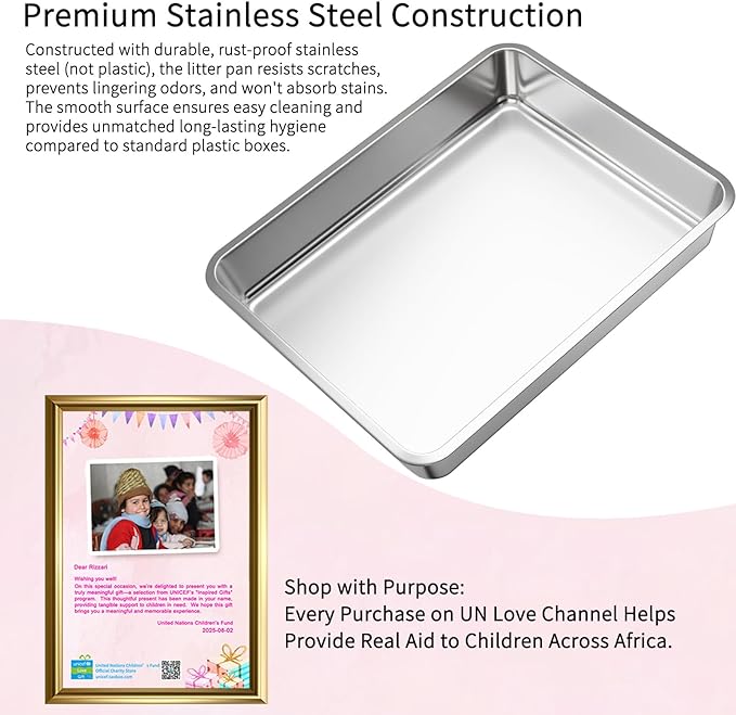 RIZZARI Stainless Steel Cat Box: Large Leak-Proof Enclosed Odor-Free Design with High Walls - XXL Black - Teflon Non-Stick Coating & Easy-Clean Drawer - for Living Room Garage