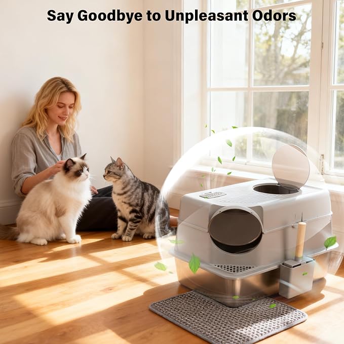 Stainless Steel Litter Box with Lid, XL Extra Large Enclosed Cat Litter Boxes for Big Cats, Front & Top Entry Metal Cat Litter Box with Litter Scoop & Litter Mat, Odor Free, Anti-Leakage
