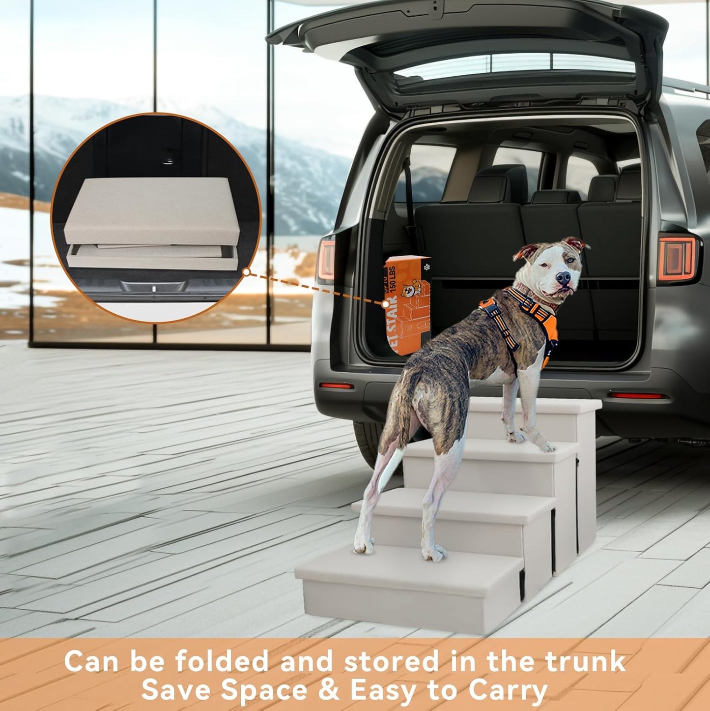Dog Stairs with Condo 23" H, 4-Step Wider Folding Storage Pet Stairs Gift for Small/Medium/Large Old Dogs Cats, Dog Steps for High Beds Window, Ramp for Climbing Car Up to 200 lbs, Beige - Pet Explorer