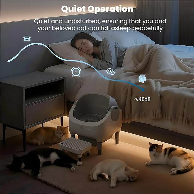 Automatic Litter Box with Raised Step, for Multiple Cats, Open Top Large Capacity Self Cleaning Litter Box, Safety Protection, Smart App Control, Odor-Free & Health Monitoring & Quiet Operation