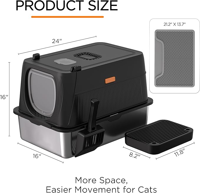 Citylife Stainless Steel Cat Litter Box with Lid, XL Extra Large Enclosed Removable Metal Litter Box with Litter Scoop&Double Layer Litter Mat, Non-Sticky, Non-Odor, Easy Cleaning, for Big Cats, Black