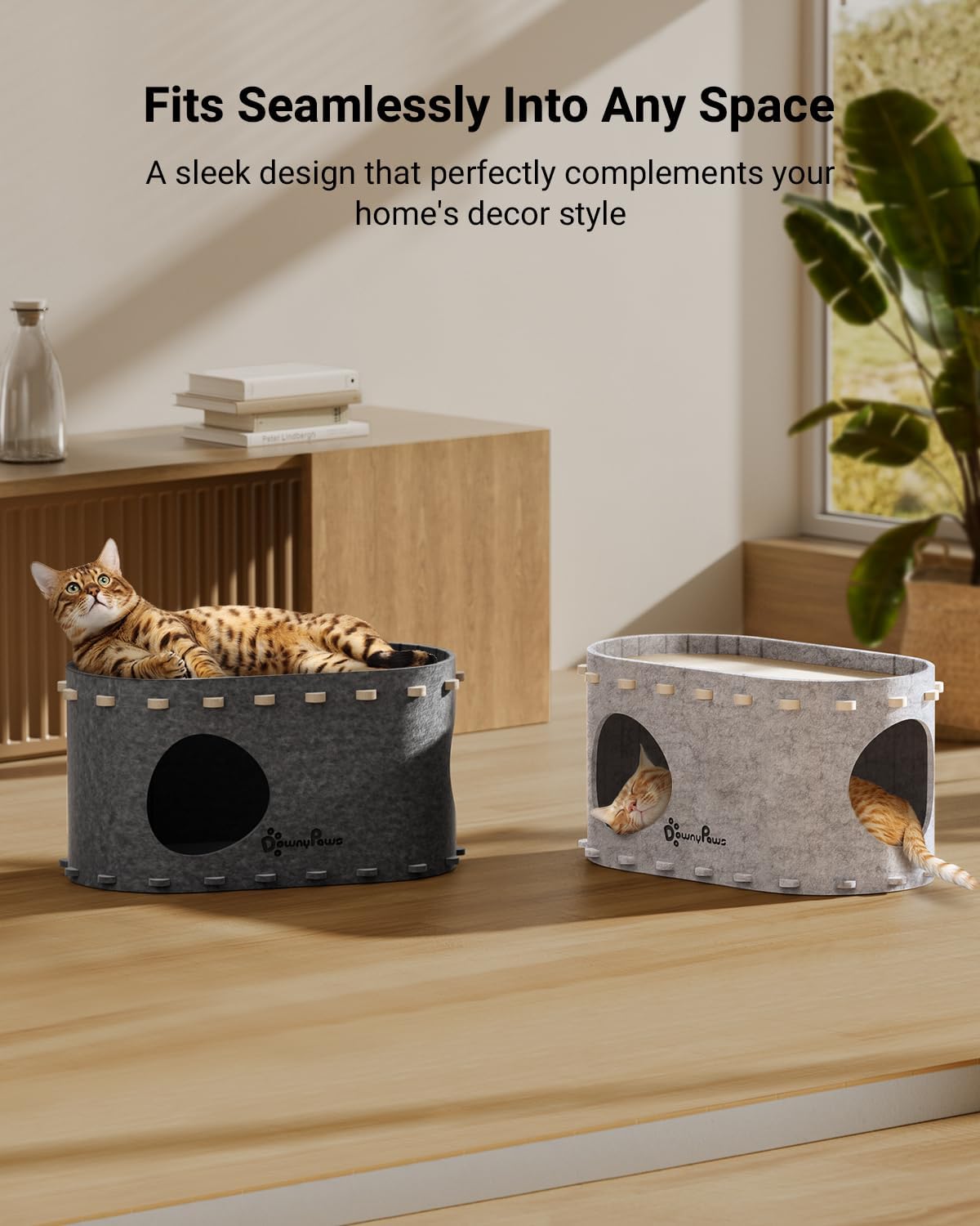 DownyPaws Cat House for Indoor Cats, Cat Bed Cave for Multiple & Large Cats Up to 22 Lbs, Scratch Resistant Peekaboo Cat Caves, Foldable Tunnel Enclosed Bed, PeekaPurr, Sesame Gray - Pet Explorer