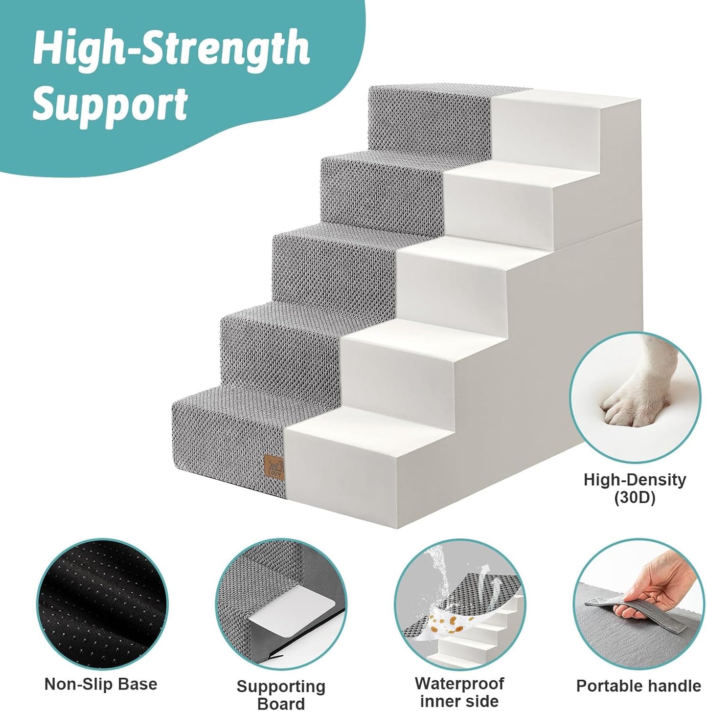 Dog Stairs for Small Dogs, 5 Tier Removable Wider Pet Stairs for Couch and Bed, 23.6" H Non-Slip Dog Steps for Puppies and Old Cats with Support Board, 29.5x19.7x23.6 inch, Grey - Pet Explorer