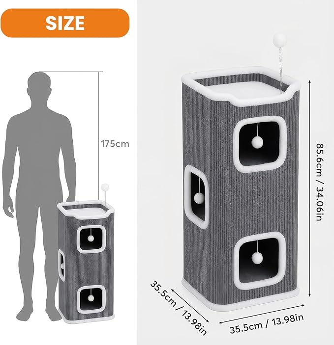 LOVEWE Modern Cat Tower, 4-Level Indoor Cat Tree Furniture with Hanging Toys, Plush Beds, Deep Gray with White Trim, Foldable Design