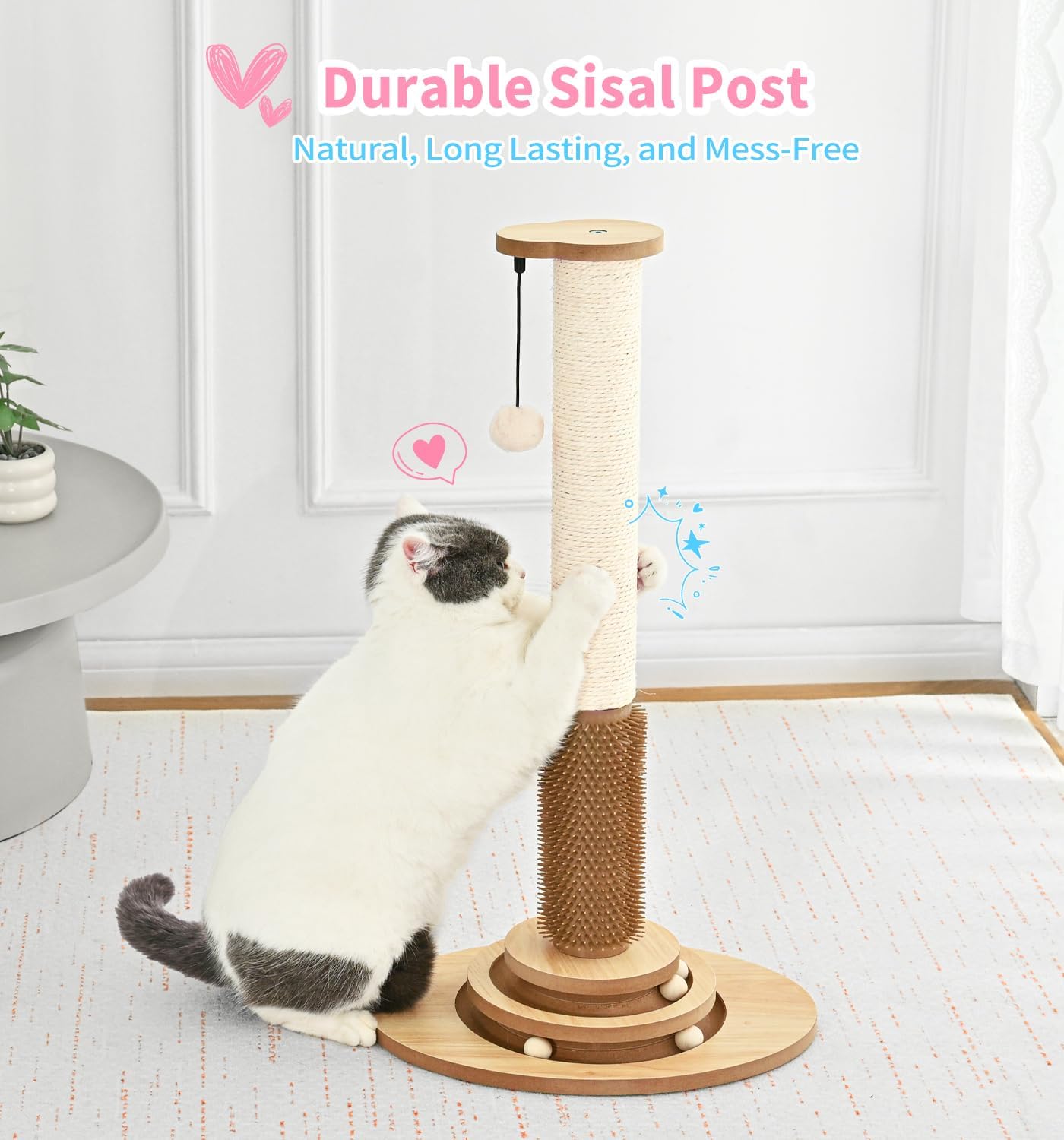 Made4Pets Cat Scratching Post Premium Sisal Cat Scratcher Kitten Toys for Indoor Kittens 28.3" Tall Cat Tower Scratch Post Cat Tree Wooden Interactive Ball Track Cat Toy with Hanging Ball, Beige