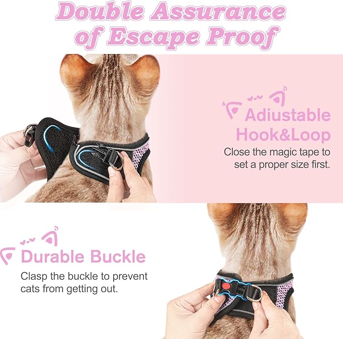 Cat Harness and Leash for Walking Escape Proof, Adjustable Kitten Vest Harness Reflective Soft Mesh Puppy Harness for Outdoor, Comfort Fit, Easy to Control (Lpink, M)