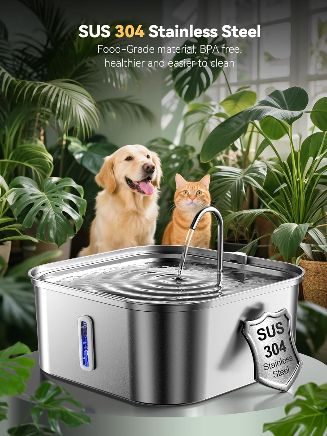 Large Dog Water Fountain 14L/3.7Gal, Stainless Steel Pet Fountain for Large Dogs and Multi-Pets Families, with Visible Window & Extra Wide Drinking Area, Square Design Enlarges Capacity & Saves Space - Pet Explorer