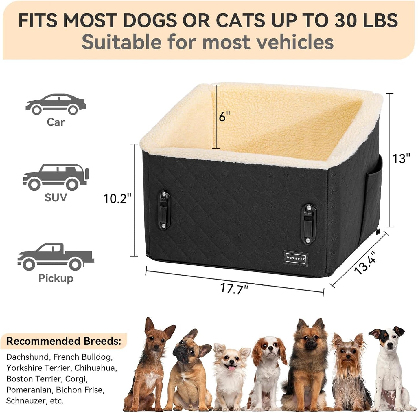 PETSFIT Dog Car Seats for Small Dogs, Soft Foam Dog Booster Seat with Patented Safety Buckles, Storage Pockets and Detachable Clip-On Safety Leash, Dog Car Seat for Medium Dogs 30 LBS (Black) - Pet Explorer