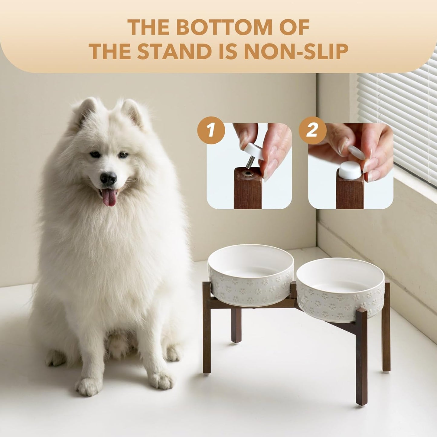 8.2inch Ceramic Raised Double Bowls Set with Acacia Wooden Stand, Food & Water Bowls for Large Breed Dogs, Weighted Dog Dishes, Pet Bowl(60OZ, Arctic White) - Pet Explorer